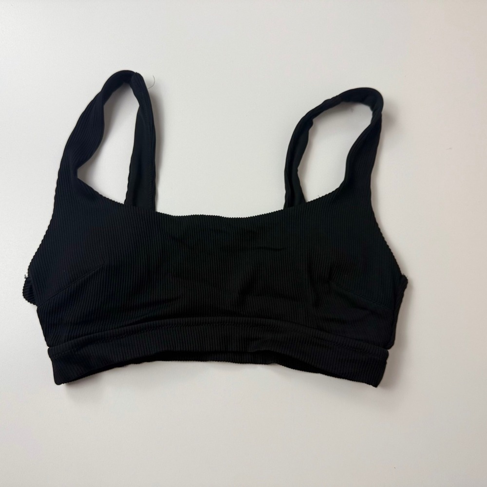Aerie Womens Black Ribbed Sports Bra Square Neck Wide Strap Activewear Top
